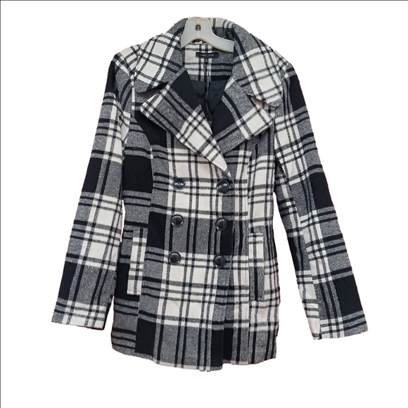 NWT~ Larry Levine Double Breasted Pea Coat Plaid Black White Sz Small - Picture 1 of 5